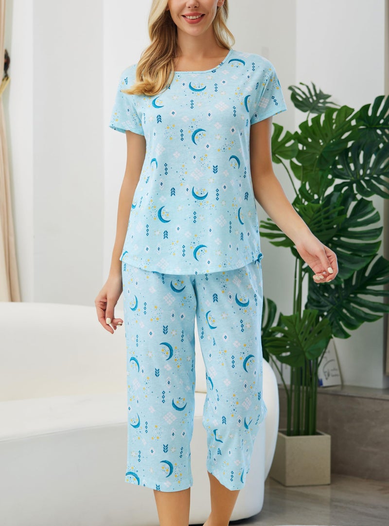 PNAEONG Womenâ€™s Pajama Set - Cotton-Blend Short-Sleeve Loose Top with Matching Capri Bottoms SY215-Blue Moon-M - Image 2